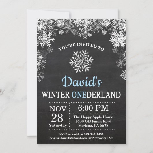 Invitation Hiver Onederland Snowflake Blue Boy 1er Anniversai (Devant)