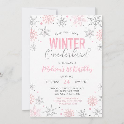 Invitation Hiver Onederland Snowflakes Premier anniversaire (Devant)