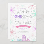 Invitation Hiver Onederland violet, bleu et rose (Devant / Derrière)