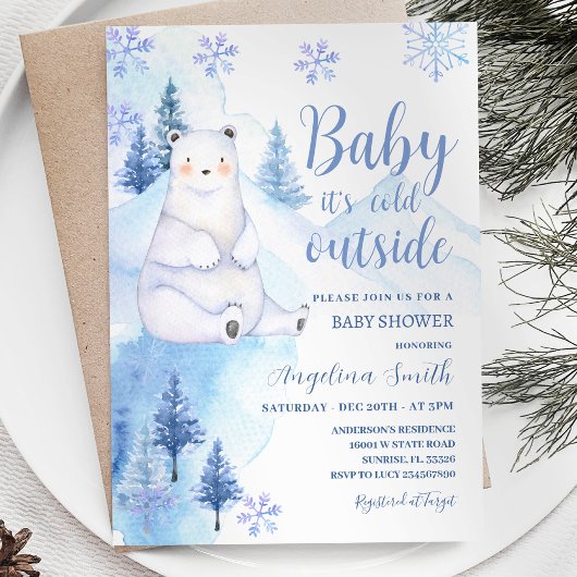 Invitation Hiver Ours bleu Baby shower de flocons de neige