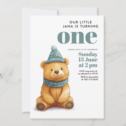 Invitation Hiver Ours vert fête d'anniversaire (Devant)