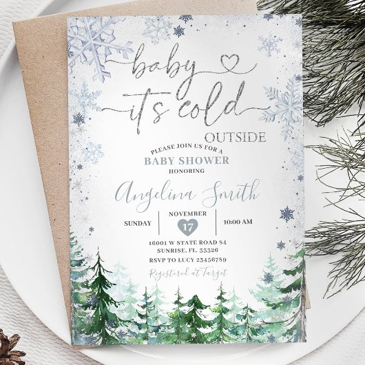 Invitation Hiver Pastel Blue Snowflake Forest Baby shower