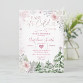 Invitation Hiver Pastel Pink Snowflake Baby shower Floral (Debout devant)