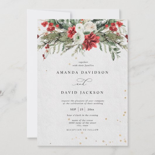 Invitation Hiver Pin rustique Verdure Baies rouges Mariage (Devant)