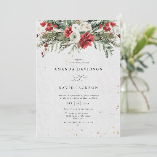 Invitation Hiver Pin rustique Verdure Baies rouges Mariage (Debout devant)