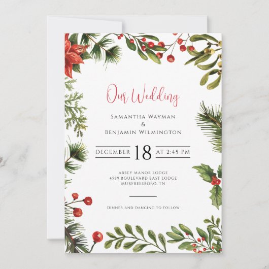 Invitation Hiver Poinsettia Verdure Mariage floral (Devant)