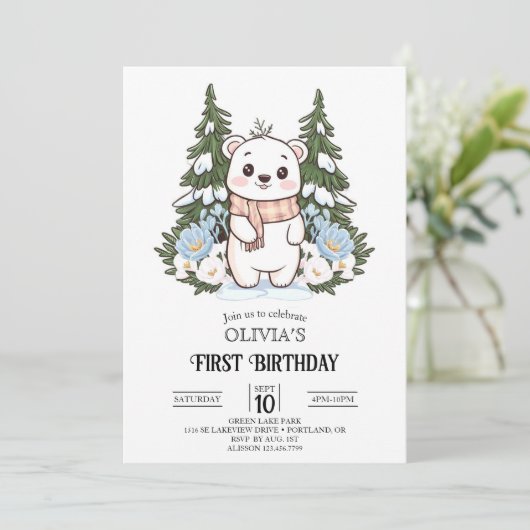 Invitation Hiver Pretty Polar Bear 1er Anniversaire numérique (Debout devant)