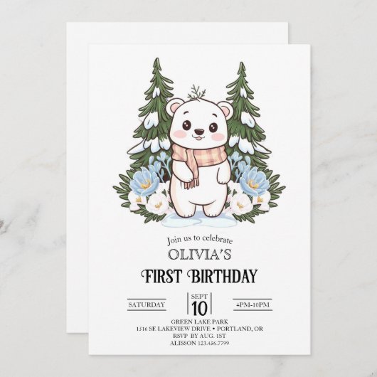 Invitation Hiver Pretty Polar Bear 1er Anniversaire numérique (Devant / Derrière)