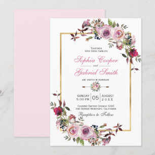 Invitation Hiver Rose Mauve Rose Floral Pine Branche Mariage