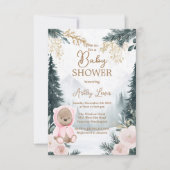 Invitation Hiver Rose ours Forêt de neige rose bois (Devant)