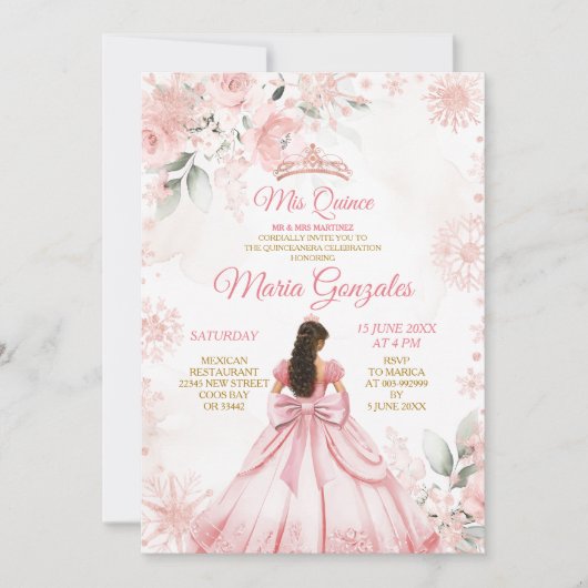 Invitation Hiver Rose Rose Or Floral Princesse Mis Quince (Devant)