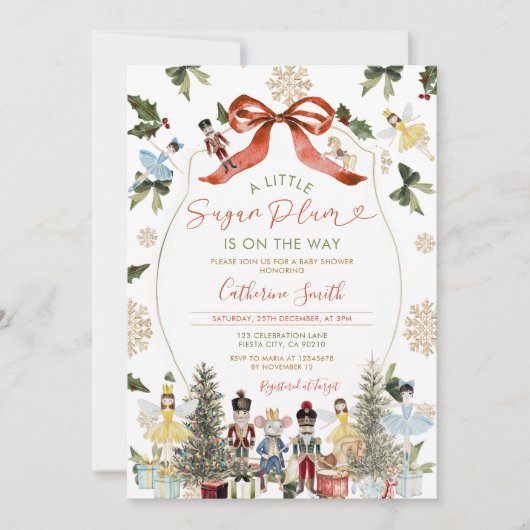 Invitation Hiver Rouge Bow Nutcracker Ballet Baby shower neig (Devant)