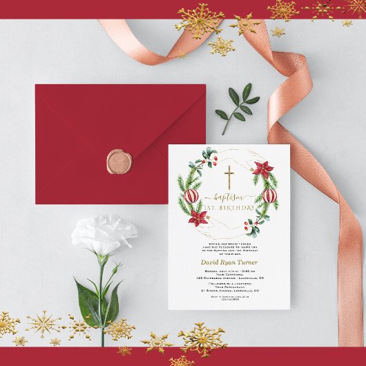 Invitation Hiver Rouge Floral Vert Or Première Communion Sain