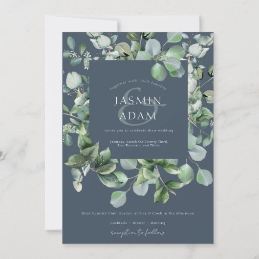 Invitation Hiver Royal Blue Eucalyptus Mariage photo (Devant)