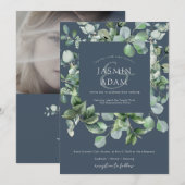 Invitation Hiver Royal Blue Eucalyptus Mariage photo (Devant / Derrière)
