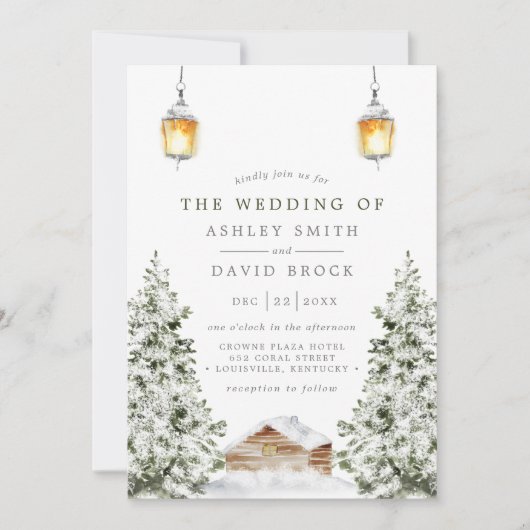 Invitation Hiver Russe Cabine Pin à neige Mariage (Devant)