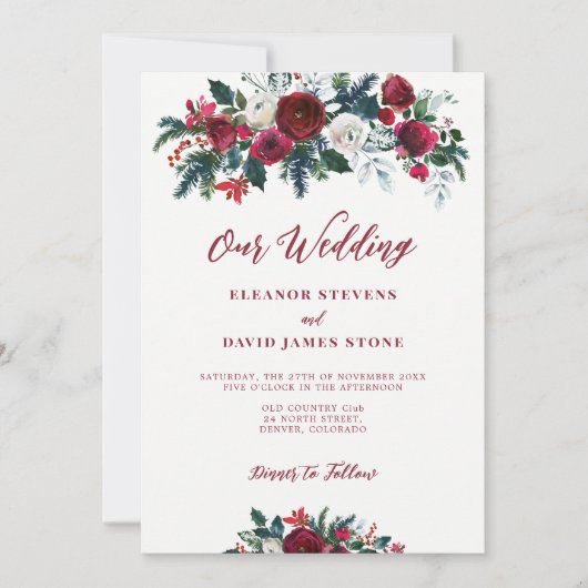 Invitation Hiver rustique bordeaux vert mariage (Devant)