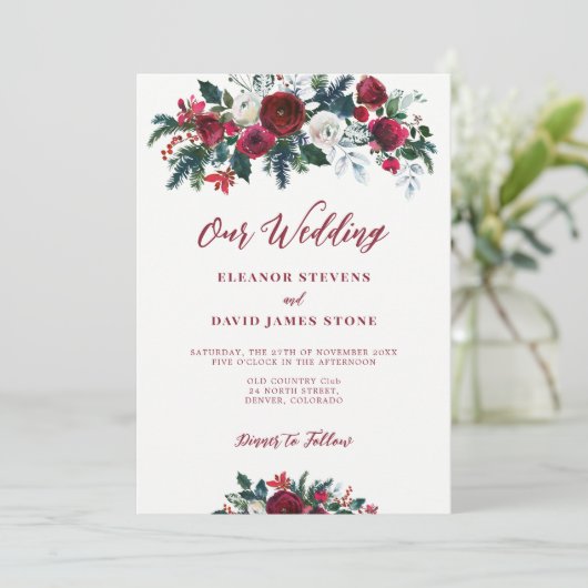 Invitation Hiver rustique bordeaux vert mariage (Debout devant)
