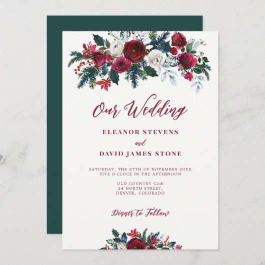 Invitation Hiver rustique bordeaux vert mariage (Devant / Derrière)