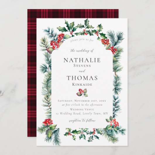 Invitation Hiver Rustique Botanique Berry Pine Plaid Mariage (Devant / Derrière)