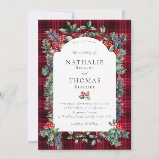 Invitation Hiver Rustique Botanique Rouge Berries Plaid Maria (Devant)