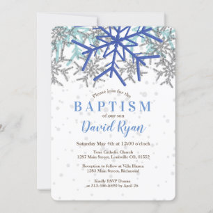 Invitation Hiver Silver Navy Blue Snowflake Baptism Invitatio