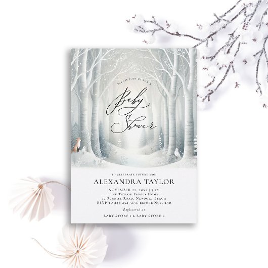 Invitation Hiver Sun Forest Woodland Fox Neutral Baby shower