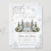 Invitation Hiver Teddy Bear Snowflakes Blue Boy Baby shower (Devant)