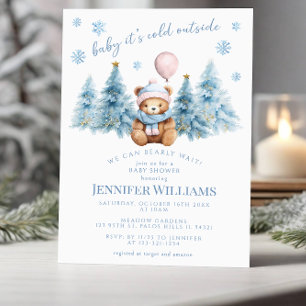 Invitation Hiver Teddy Ours Pine Arbres bébé Fille Douche
