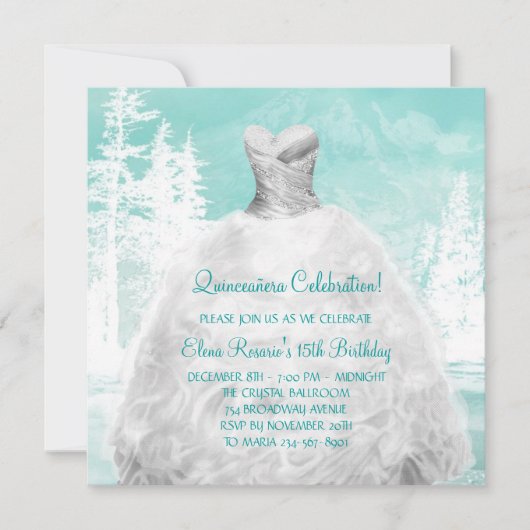 Invitation Hiver Turquoise Blue Snowflakes Quinceanera (Devant)