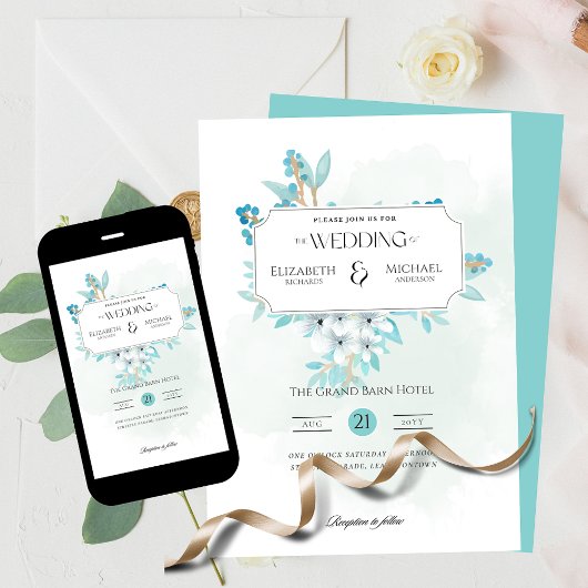 Invitation Hiver Turquoise Floral Impression ou Mariage numér