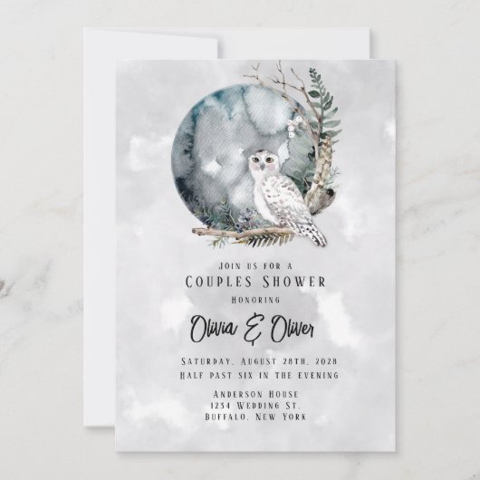 Invitation Hivernal Chouette neige Lune Aquarelle Couples Dou (Devant)