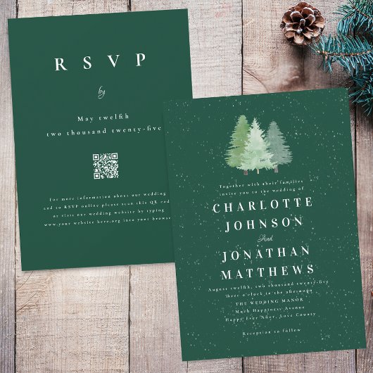 Invitation Hivernal Snow Woodland Watercolor Mariage QR Code