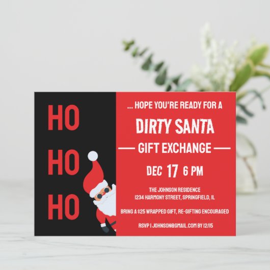 Invitation HO HO HO Dirty Père Noël Christmas Party Noir et r (Debout devant)