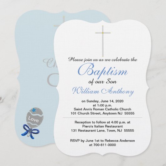 Invitation Hochet Bébé Croix de Baptême Bleu Gris (Devant / Derrière)