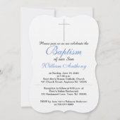 Invitation Hochet Bébé Croix de Baptême Bleu Gris (Devant)