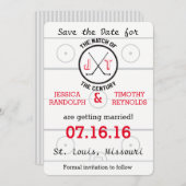 Invitation Hockey Amour Sauvegarder la Date (Devant / Derrière)