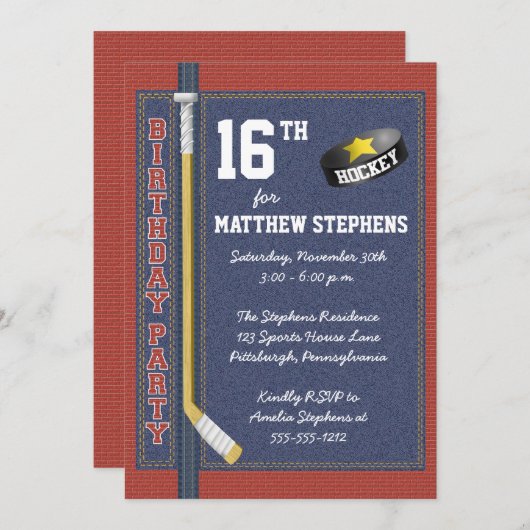 Invitation Hockey Denim Bricks Sport rustique Anniversaire (Devant / Derrière)