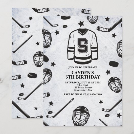Invitation Hockey noir et blanc 5e anniversaire (Devant / Derrière)