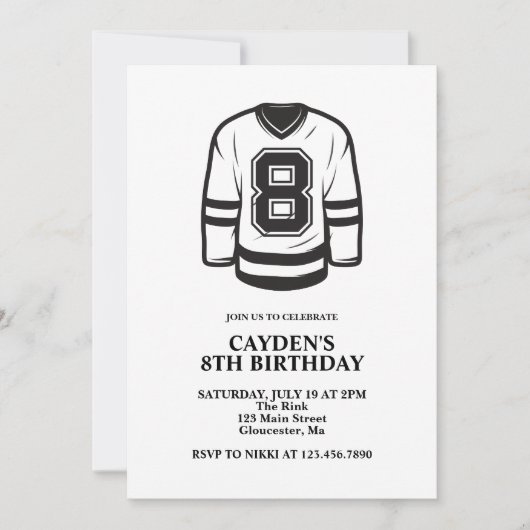 Invitation Hockey noir et blanc 8e anniversaire (Devant)