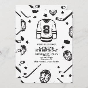 Invitation Hockey noir et blanc 8e anniversaire