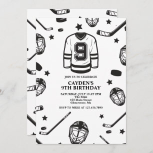 Invitation Hockey noir et blanc 9e anniversaire