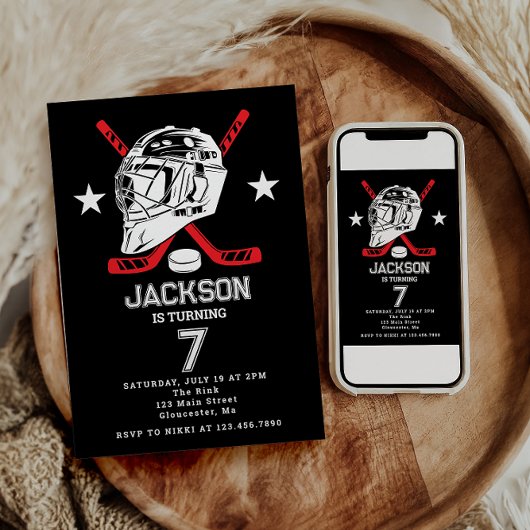 Invitation Hockey noir et blanc Anniversaire de enfant à thèm