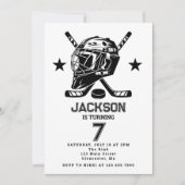 Invitation Hockey noir et blanc Anniversaire de enfant à thèm (Devant)