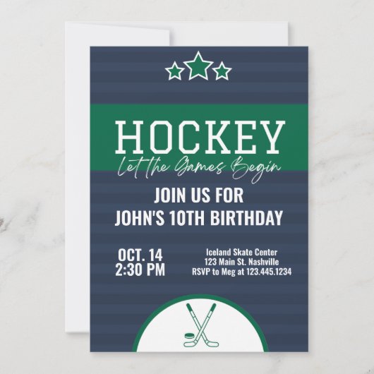 Invitation Hockey sur glace Anniversaire Bleu Green Stripe (Devant)