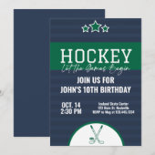 Invitation Hockey sur glace Anniversaire Bleu Green Stripe (Devant / Derrière)