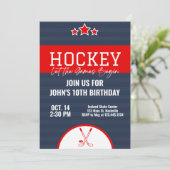 Invitation Hockey sur glace Anniversaire Bleu Rouge rayure (Debout devant)