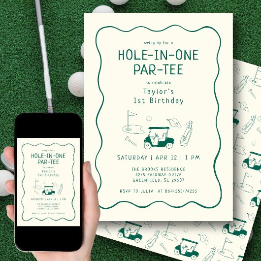Invitation Hole In One 1st Birthday Par-tee Hand Drawn Green