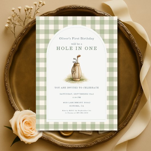 Invitation Hole in One 1st Year Sage Green Gingham Birthday