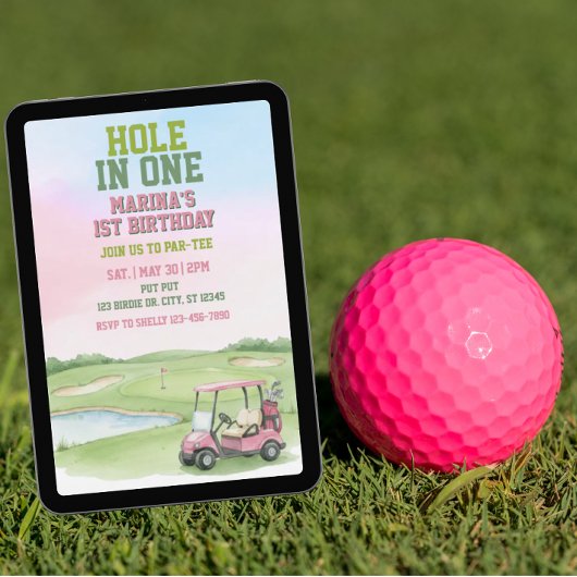 Invitation Hole In One, Pink Golf 1st Birthday